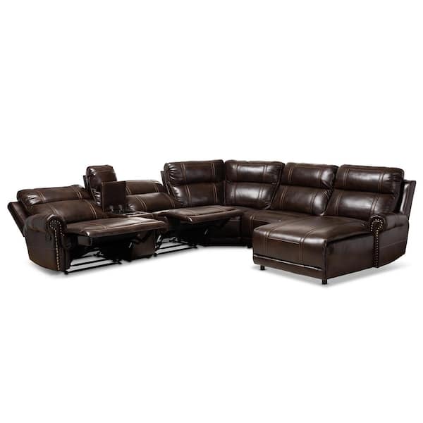 Baxton Studio Dacio 6 Piece Brown Faux Leather Seater Curved Reclining Sectional Sofa 150 9117 Hd The Home Depot Baxton Studio Dacio 6 Piece Brown Faux, Faux Leather Curved Sectional Sofa
