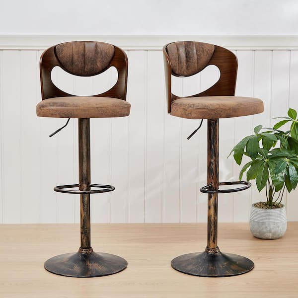 VECELO Swivel Bar Stools Set of 2 Seat Height Adjustable Wooden Barstools PU Leather Upholstered Bar Chairs with Back, Brown