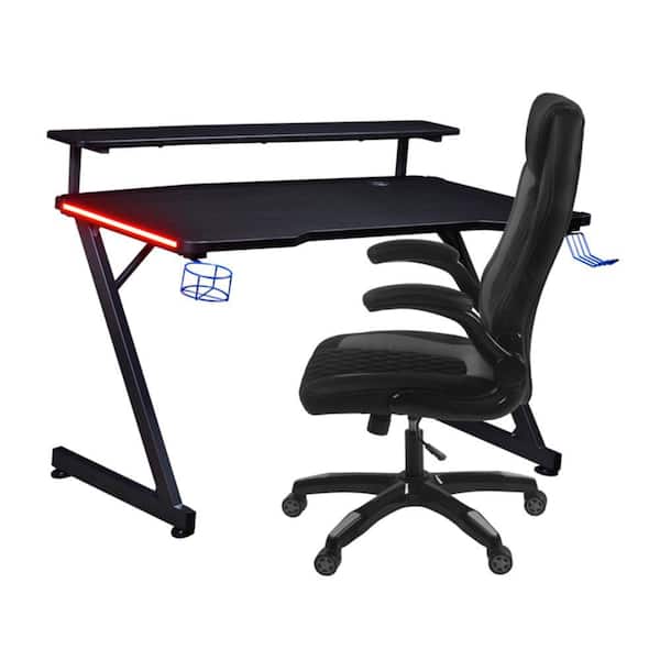 48 in Black/ Grey LED Carbon Fiber Gaming Desk with Riser Shelf and Ergonomic Racing-Style Gaming Chair