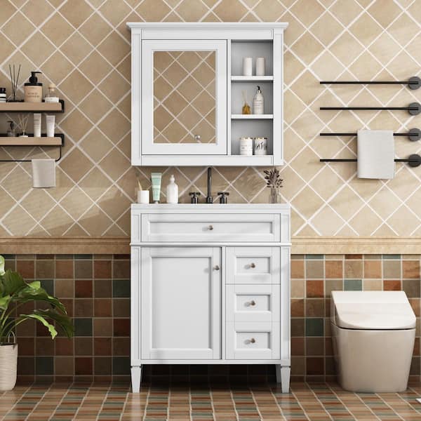 Unbranded 30 in. W x 18 in. D x 33 in. H Single Sink Freestanding Bath Vanity in White with White Ceramic Top and Mirror Cabinet