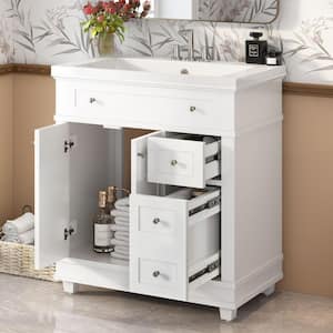 30 in. W x 18 in. D x 34.1 in. H Single Sink Freestanding Bath Vanity in White with White Resin Top and Storage Cabinet