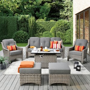 Tulip C Gray 6-Piece Wicker Patio Rectangular Fire Pit Conversation Sofa Set with Dark Gray Cushions