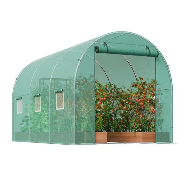 11.3 x 6.4 x 6.3 ft. Walk-in Tunnel Greenhouse, with Galvanized Steel Frame, Green PE Cover, Zipper Door, 6 Windows