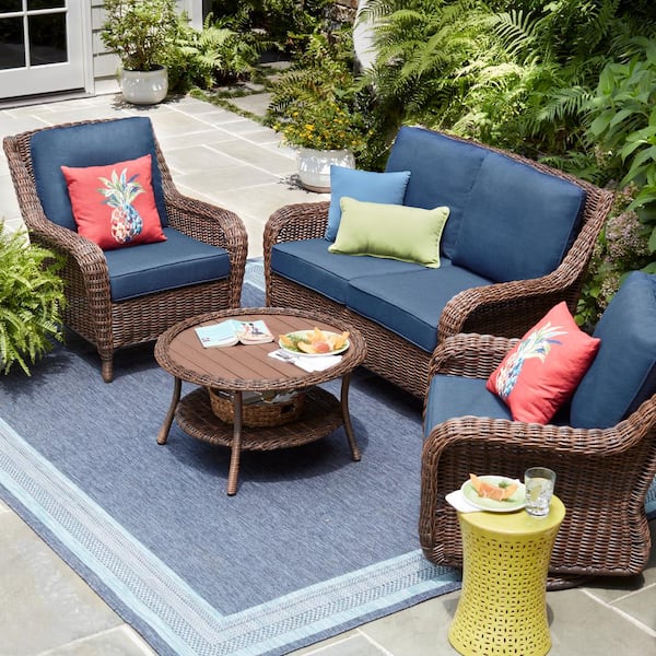 Hampton Bay Cambridge Brown Wicker Outdoor Patio Loveseat With Cushionguard Midnight Navy Blue Cushions 65 17148b3 The Home Depot - Patio Furniture Wicker Loveseat