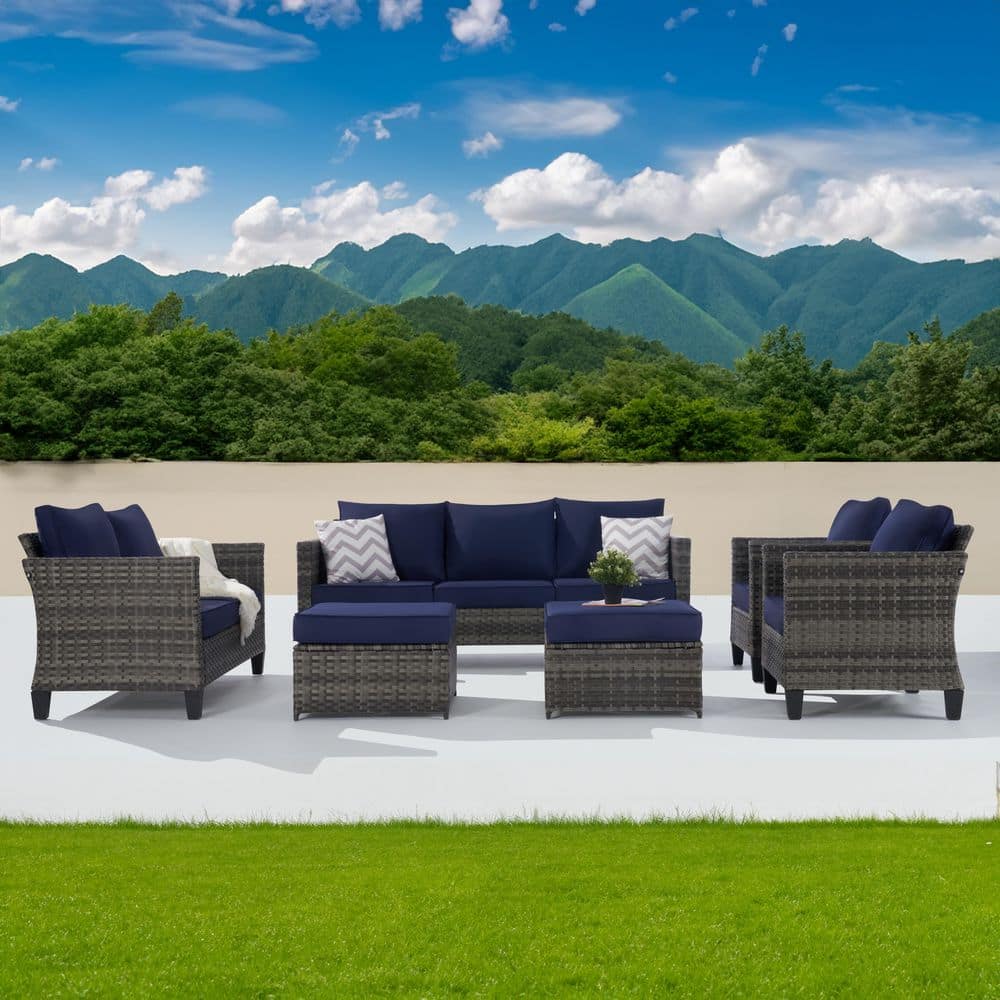 6-Piece Wicker Patio Sectional Sofa Set with Coffee Table and Ottomans, Nav