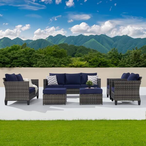 SANSTAR 6-Piece Wicker Patio Sectional Sofa Set with Coffee Table and Ottomans, Navy Blue