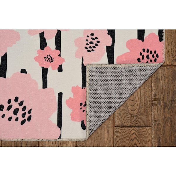 Washable Ivory 2 ft. x 8 ft. Modern Woven Floral Polyester Rectangle Indoor Area Rug