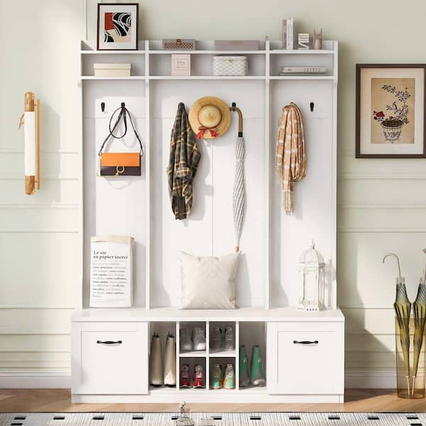 Modern Hall Tree with Coat Rack, 7 Sturdy Hooks, 2 Spacious Drawers and Adjustable Shelves, Metal Handles, White