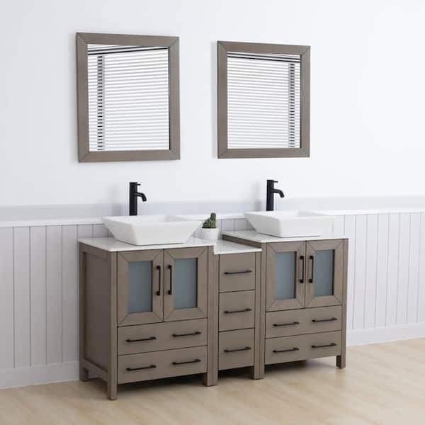60 in. W Double Basin Driftwood Gray Bath Vanity with White Engineered Marble Top and Mirror
