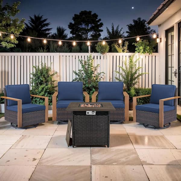CubeEdge 5-Piece Brown Wicker Fire Pit Conversation Set with Olefin Blue Cushions/ Patio Swivel Chairs