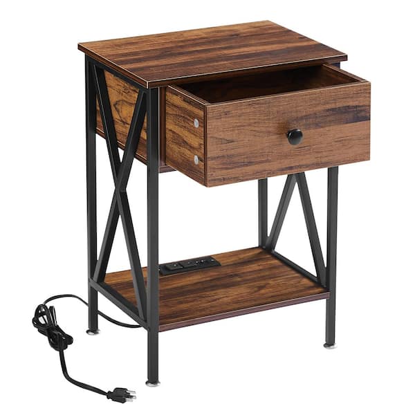 VECELO Nightstand with Charging Station, Wooden Nightstand, Metal