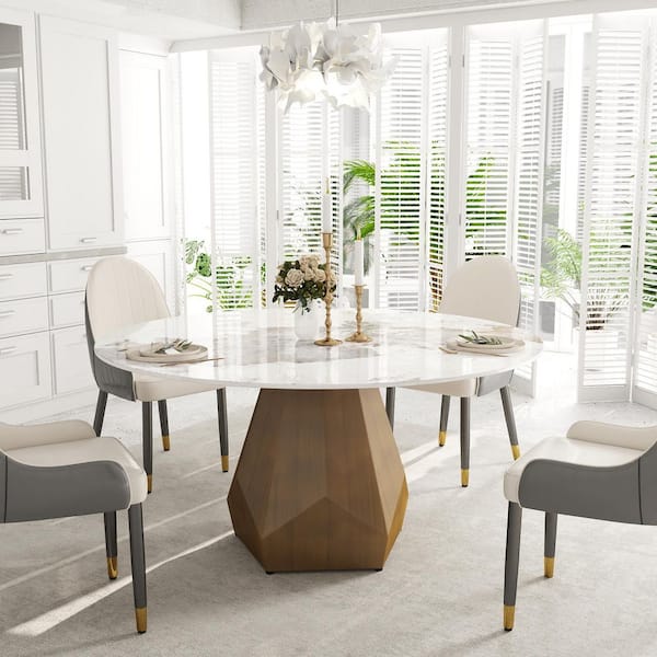 59 in. Pandora Circular Sintered Stone Tabletop Bronze Pedestal Base Kitchen Dining Table (Seats 8)