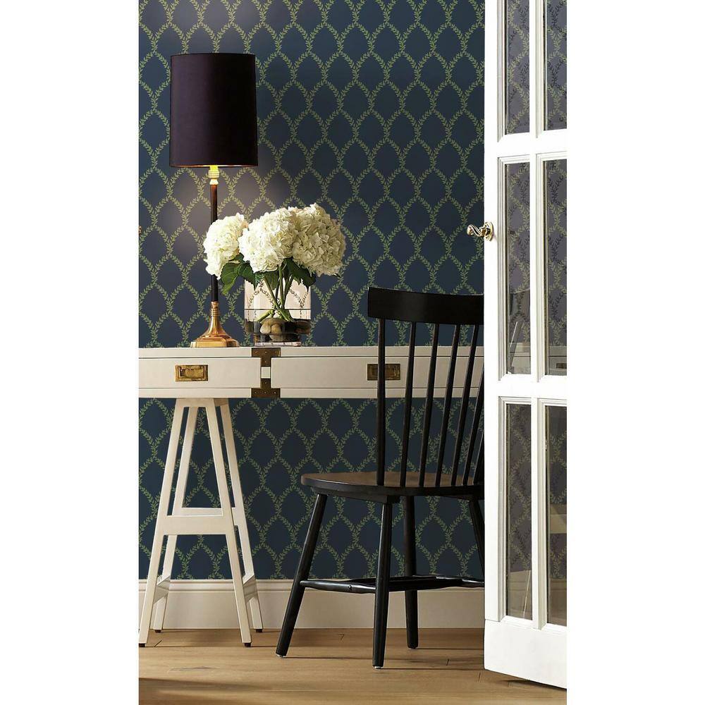 Laurel Navy 27' x 27" Delicate Leaves Wallpaper Roll