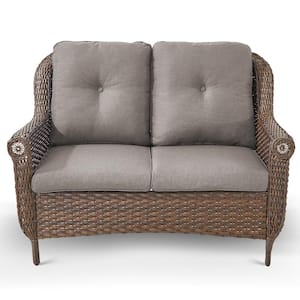 Floral Brown 1-Piece Wicker Outdoor Loveseat with CushionGuard Gray Cushions