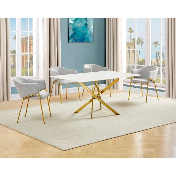 Best Quality Furniture Esteban 5-Piece White Marble Wrap Glass Top Gold Stainless Steel Base Dining Set with 4 Grey Linen Fabric Chairs