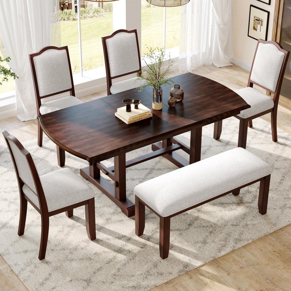 Cherry Extendable Wood Dining Table with Removable Leaf, 4 Beige Linen Upholstered Chairs, 1 Bench price history on PriceWatchPro