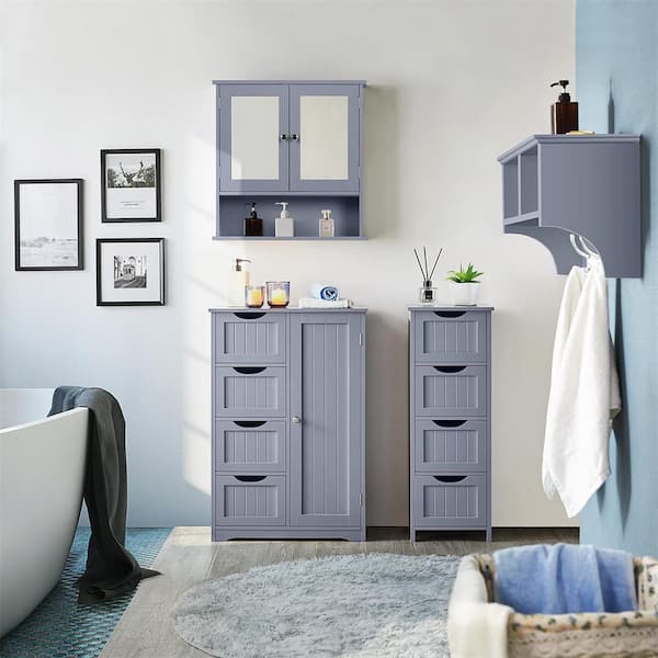 Costway Floor Storage Cabinet Bathroom Organizer Free Standing Drawers - Varnished - Grey