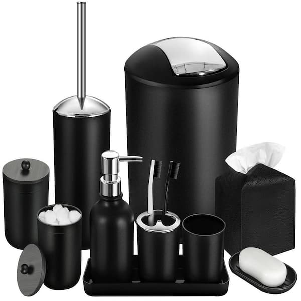 10-Piece Black Bath Accessory Set with Trash Can, Soap Dispenser, Toothbrush Holder, Soap Dish, Cotton Ball, etc.