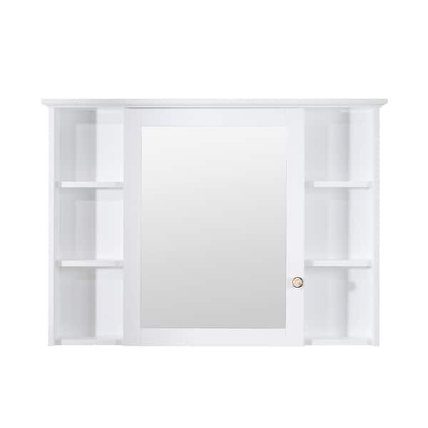 Fully Assembled 42 in. W x 30 in. H Rectangular Solid Wood Medicine Cabinet with Mirror and Open Storage in White