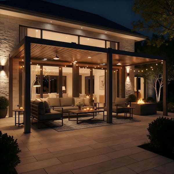 10 ft. x 28 ft. Dark Gray Aluminum Patio Pergola with Built-In Solar Panel, Ceiling Fan and Round LED Light