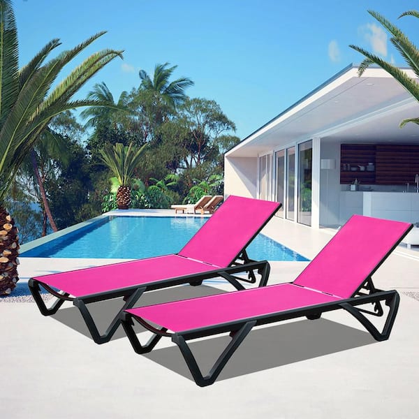 Unbranded Rose Red 3-Piece Metal Outdoor Chaise Lounge, Patio Aluminum Lounge Chairs Reclining Chair with Side Table, Wheels