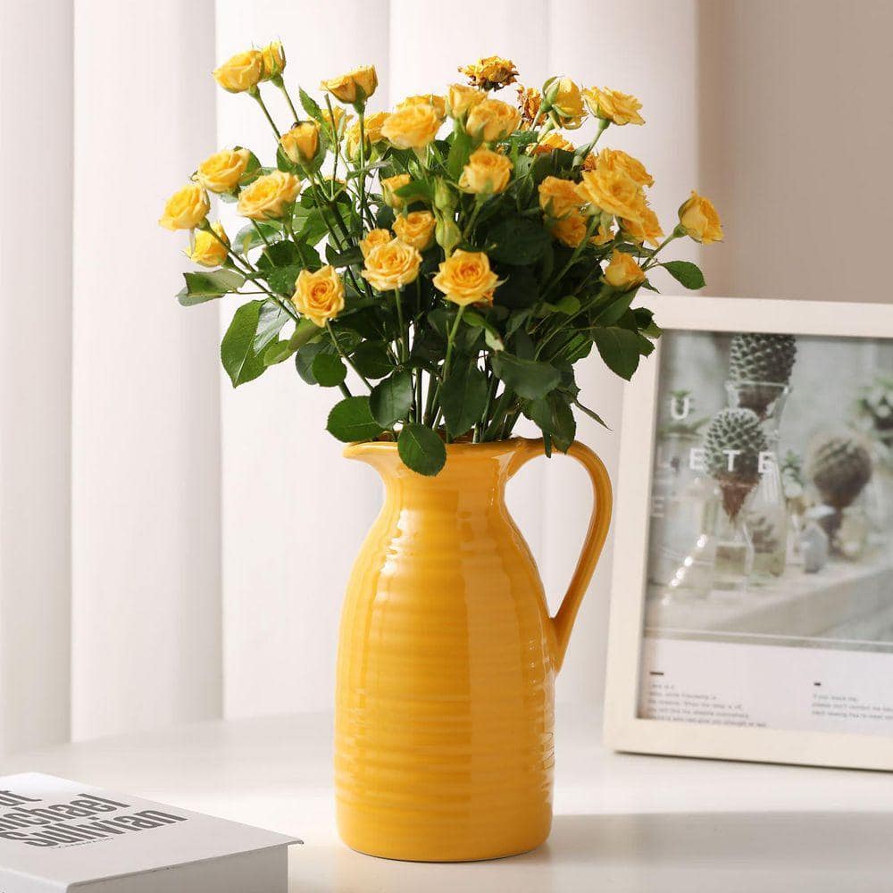 Farmhouse Pitcher Vase for Flowers, Ceramic Pitcher Vase Yellow