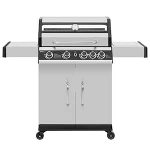 4-Burner Propane Gas Grill with Side Burner with Glass Viewing Window, Cabinet Style, Silver