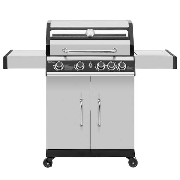 4-Burner Propane Gas Grill with Side Burner with Glass Viewing Window, Cabinet Style, Silver