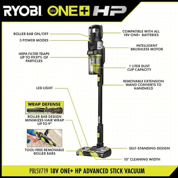 RYOBI ONE HP 18V Brushless Cordless Advanced WHISPER Series Stick Vacuum Tool Only PBLSV719B The Home Depot