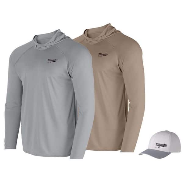 Milwaukee Men's X-Large Gray and Sandstone WORKSKIN Hooded Sun Shirt (2-Pack) with Large/X-Large Gray WORKSKIN Fitted Hat