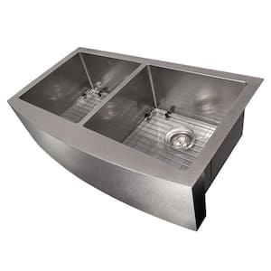 ZLINE 36" Niseko Farmhouse Apron Mount Double Bowl DuraSnow Stainless Steel Kitchen Sink with Bottom Grid (SA50D-36S)