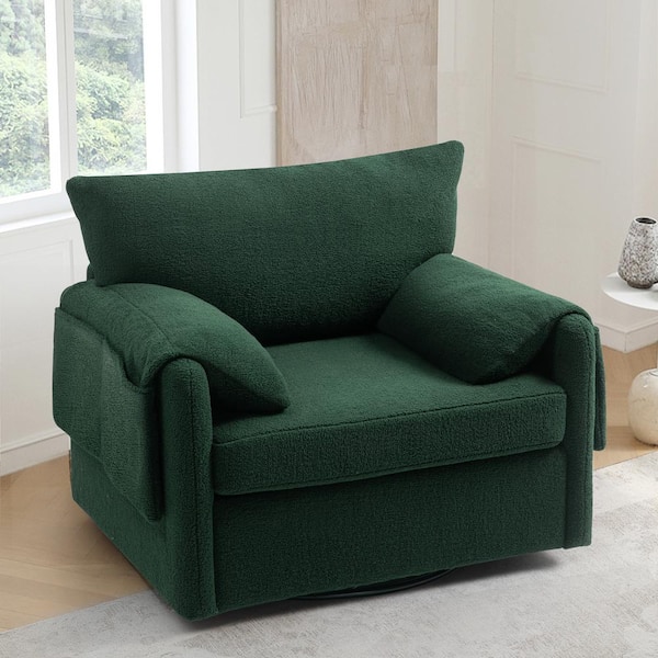 Harper & Bright Designs Dark Green Oversized 360° Swivel Armchair Modern Teddy Fabric Accent Chair with Storage Pockets