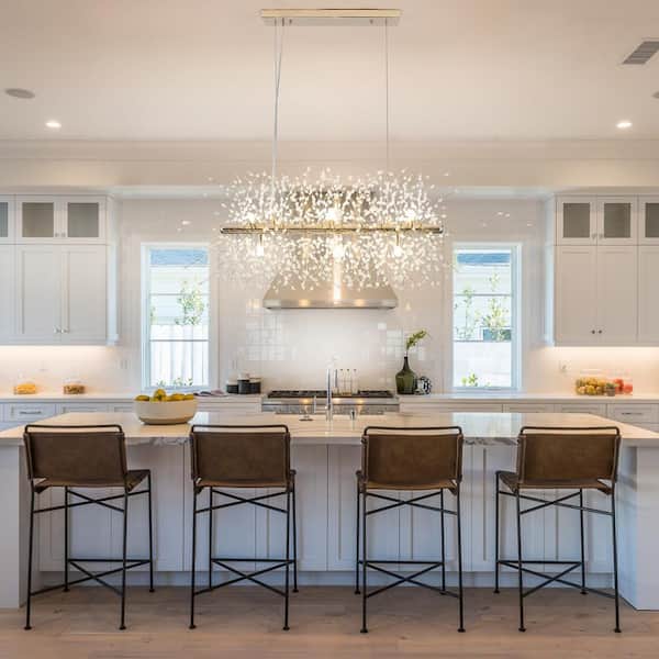 9-Light Gold French Long Bar Dandelion-Shaped Crystal Bead Chandelier for Kitchen Island with No Bulbs Included