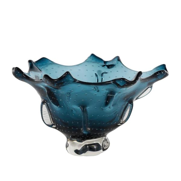 Litton Lane Dark Blue Glass Abstract Tulip Shaped Ombre Decorative Bowl with Bubble Texturing