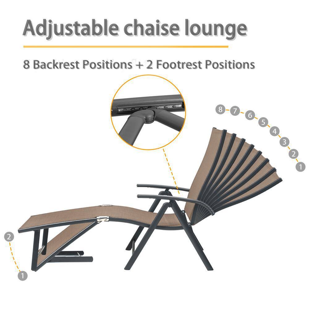 Espresso Gray Aluminum Outdoor Chaise Lounge with Arms