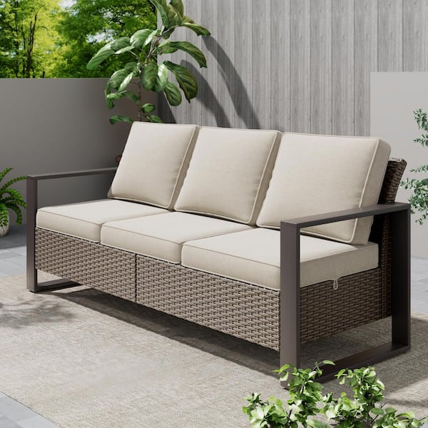 3-Seat Wicker Outdoor Patio Couch Sofa with Steel Frame and Faux Wood Armrests, Beige Cushions
