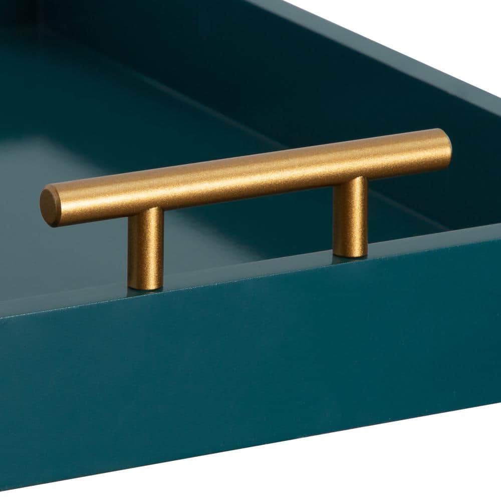 Teal Wood Tray with Brushed Gold Metal Handles