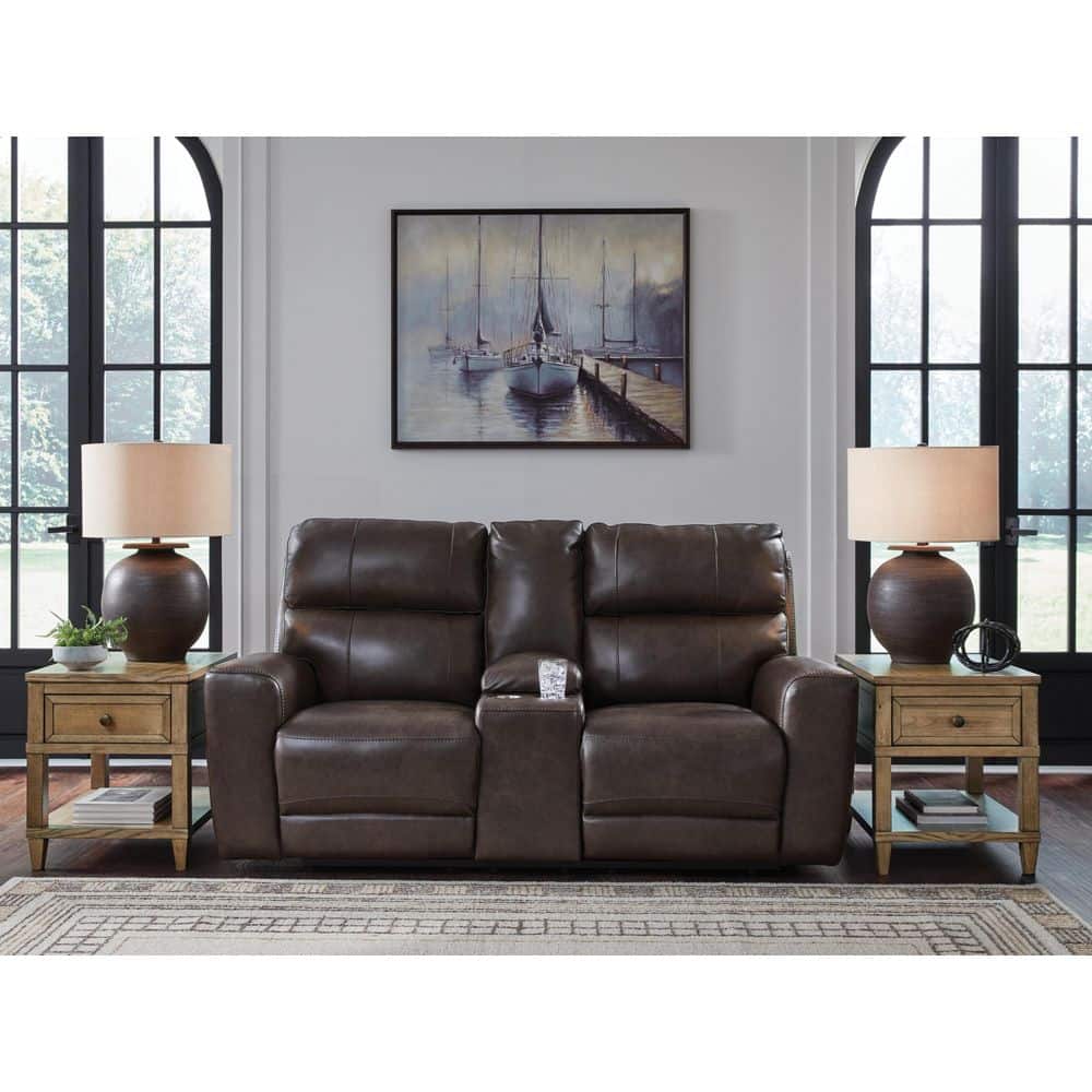 Side Step 79 in. Solid Leather Match 2 Seat Power Reclining Loveseat with Console and USB Ports in Brown price history on PriceWatchPro