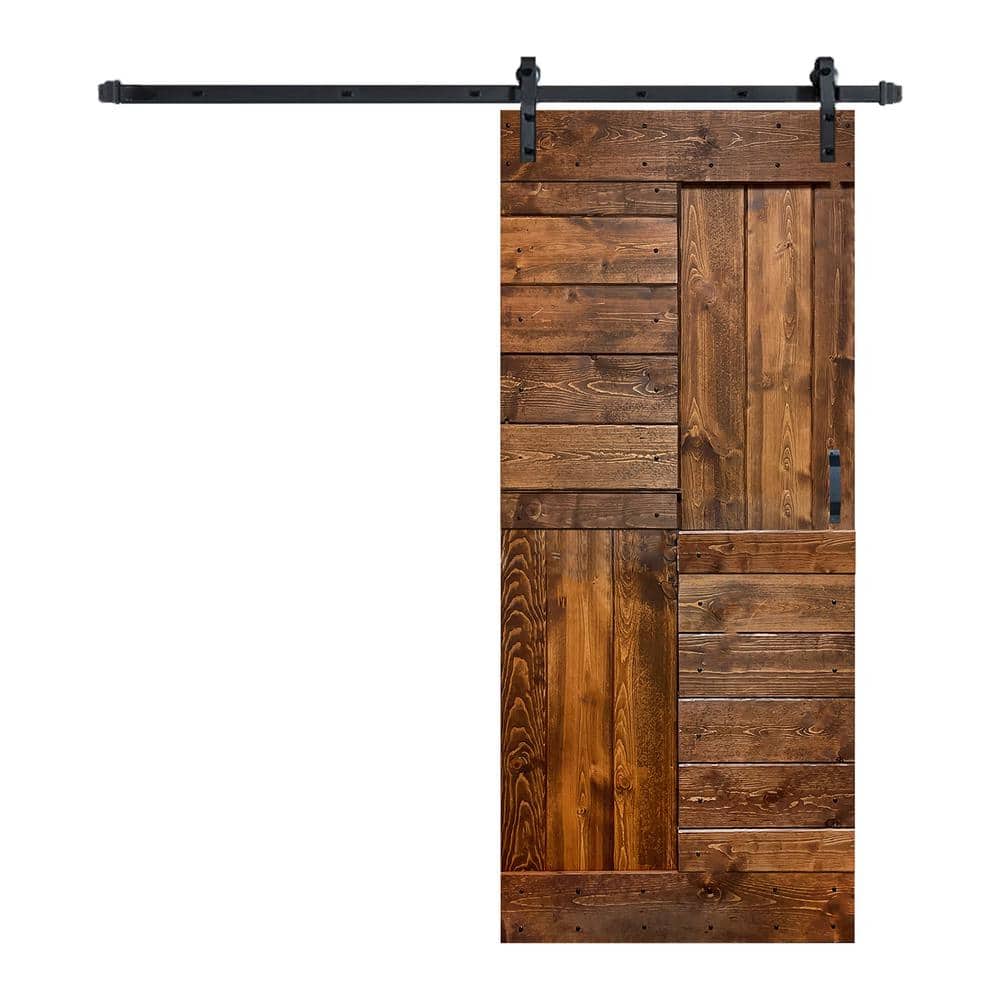 Dark Walnut Solid Wood Sliding Barn Door Kit with Matte Black Hardware