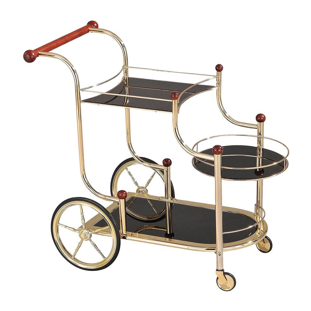 Benjara Gold And Black 3 Tier Glass Shelf Metal Serving Cart With ...