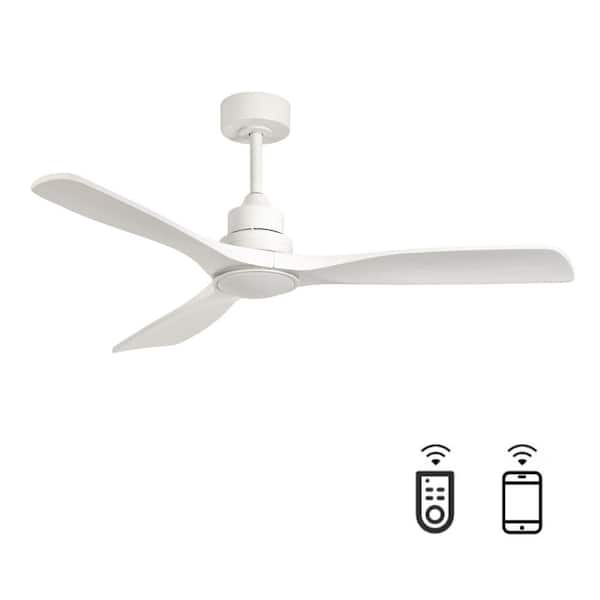 52 in. Indoor White Modern Low Profile Standard Downrod Ceiling Fan Integrated LED Included 3-Solid Wood Blades for Room