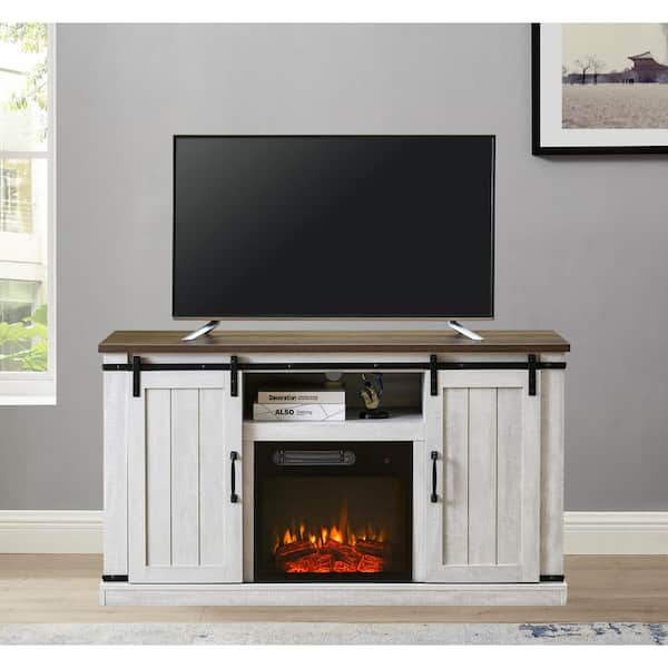 FESTIVO 54 in. Saw Cut-Off White TV Stand for TVs up to 60 in. with Electric Fireplace