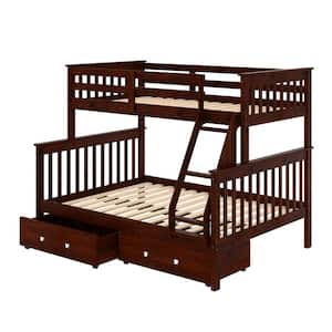 Dark Cappuccino Brown Pine Wood Twin & Full Mission Bunk Bed with Dual Underbed Drawers
