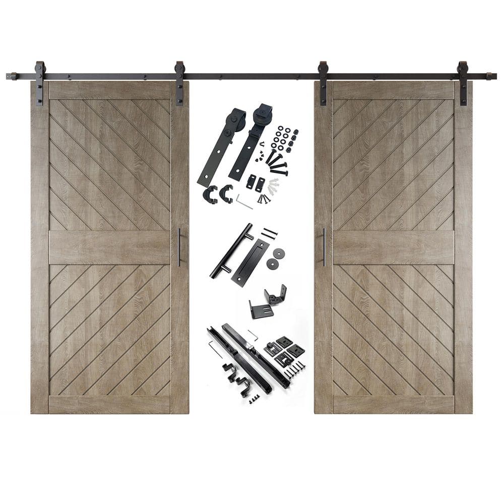 XT4 32 in. x 84 in. C-Panel Classic Gray Slanted Stripe Design Double Pine Wood Sliding Barn Door with Hardware Kit price history on PriceWatchPro
