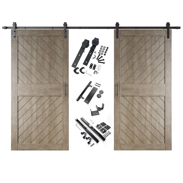 HOMACER XT4 32 in. x 84 in. C-Panel Classic Gray Slanted Stripe Design Double Pine Wood Sliding Barn Door with Hardware Kit