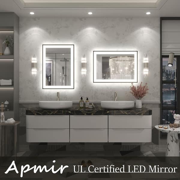 20 in. W x 28 in. H Rectangular Space Aluminum Framed Dual Lights Anti-Fog Wall Bathroom Vanity Mirror in Tempered Glass