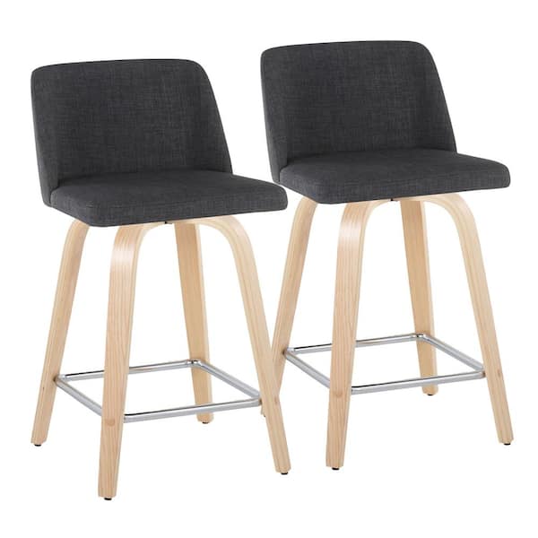Lumisource Toriano 24.25 in. Charcoal Fabric, Natural Wood and Chrome Metal Fixed-Height Counter Stool (Set of 2)