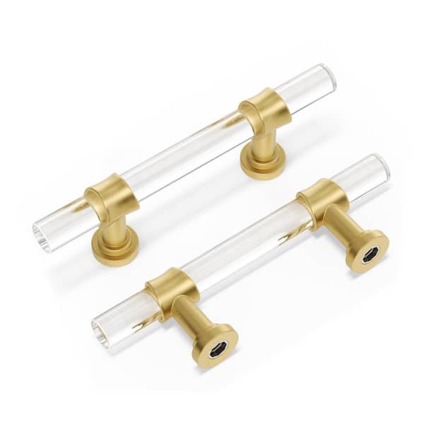 10-Pack 3 in. Hole Center Gold Brushed Brass Cabinet Pulls, Acrylic Drawer Handles with Zinc Alloy Base