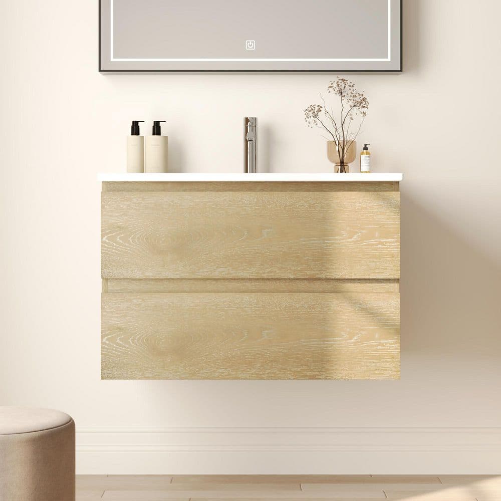 30 in. Floating Single Sink Wall Hung Natural Oak Bath Vanity with White Ceramic Top and Soft-Close Drawer (Assembled) price history on PriceWatchPro