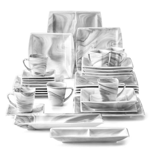 MALACASA Blance Marble Grey Porcelain Dinnerware Set with Cups